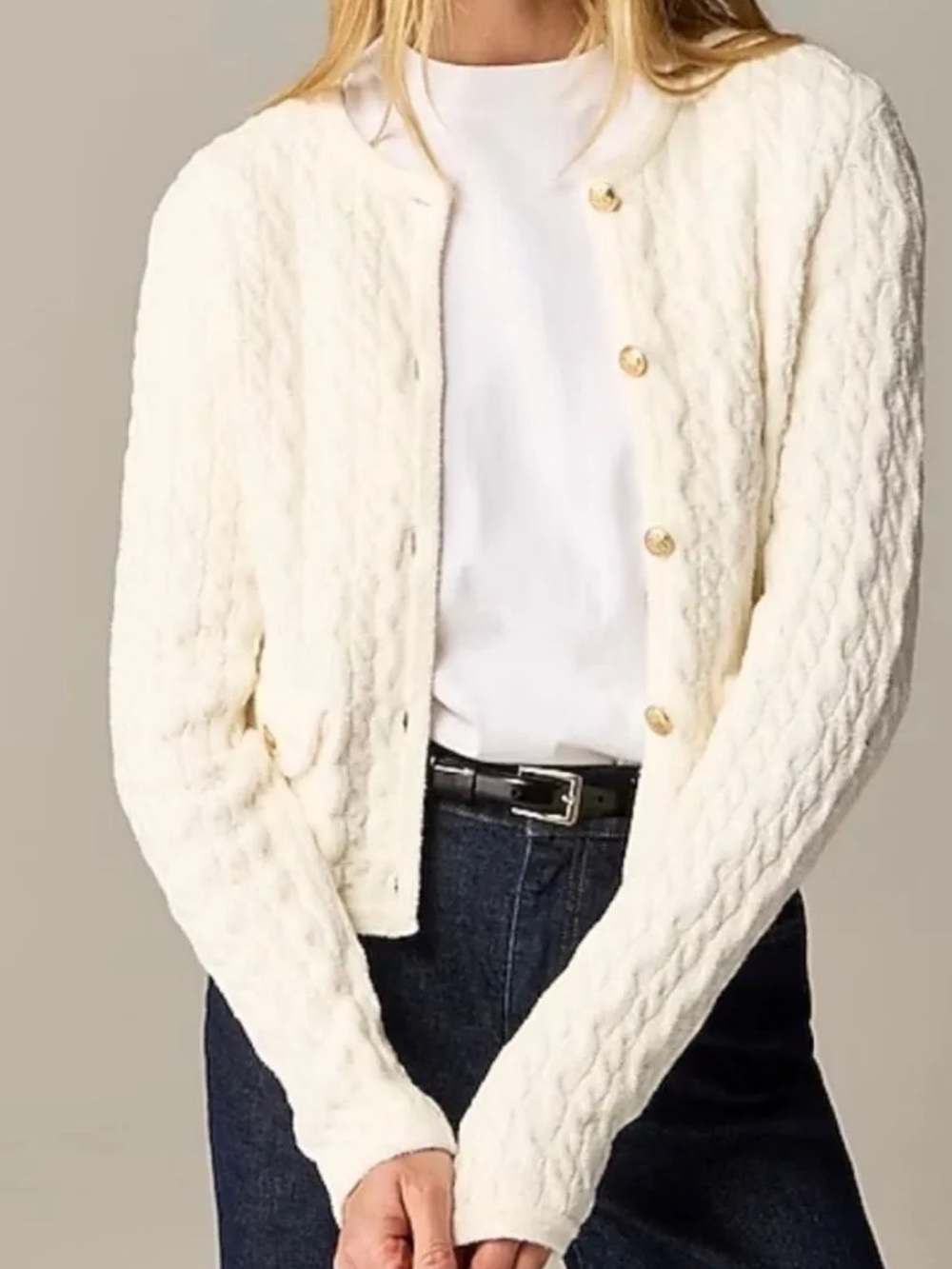 J.CREW Odette Cable-Knit Sweater Lady Jacket Cotton Blend Bouclé Ivory